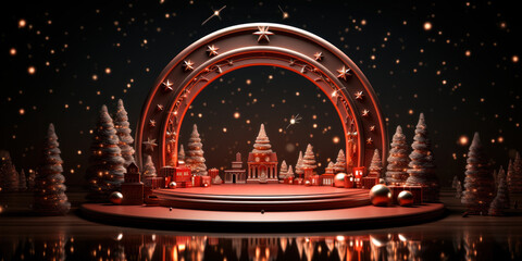 Empty red and golden dais or podium for premium showcase of luxury Christmas product display background 3D, a christmas scene with a stage and trees
