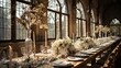 © Denis - style wedding decorations in a castle, Wedding celebration with boho, white and beige, beautifully decorated. table setting