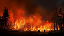 Forest Fire, Wildfire Landscape Natural Disaster Background Banner Panorama - Burning Flames With Smoke Development And Black Silhouette Of Forest Trees And Firefighters, Generative Ai