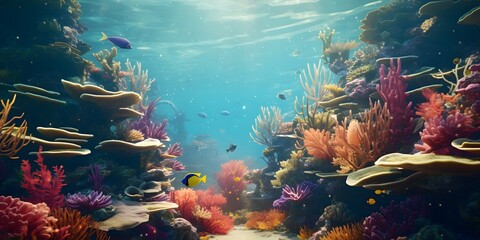 Wall Mural - Underwater coral reef landscape with colorful fish. IA Generative