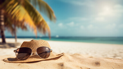 Wall Mural - Vacation summer holiday travel tropical ocean sea background panorama - Close up of straw hat and sunglasses on the beach with ocean and palms in the background, Generative Ai