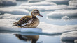 a cute duck sits on an ice floe in the arctic with snow around it. Generative AI