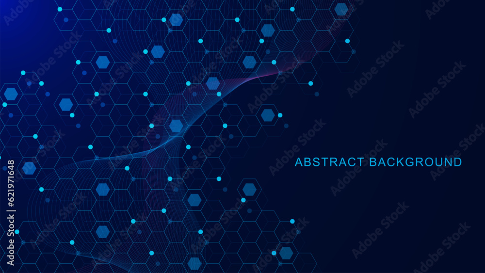 Abstract hexagon pattern with glowing particles and wave flow ...