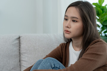 Unhappy asian woman girl disappointed, sad about problem in home alone, feel lonely, Stressed, suffering from bad relationship, break up, divorce, female confused, depression mental health, loneliness