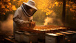 Skilled beekeeper delicately collecting honey from beehives, showcasing the art of beekeeping and harvesting nature's golden treasure. AI generated