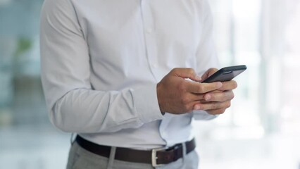 Canvas Print - Business man, hands and typing on cellphone of connection to social network, mobile internet or search website. Closeup, office worker and smartphone to contact, digital news app or chat notification