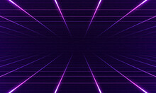 Synthwave Vaporwave Retrowave Cyber Background With Copy Space, Laser Grid, Starry Sky, Blue And Purple Glows With Smoke And Particles. Design For Poster, Cover, Wallpaper, Web, Banner, Etc. 
