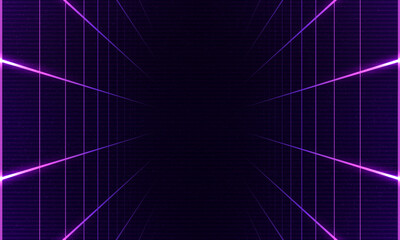 Synthwave vaporwave retrowave cyber background with copy space, laser grid, starry sky, blue and purple glows with smoke and particles. Design for poster, cover, wallpaper, web, banner, etc. 