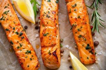 Wall Mural - Cooked salmon fish fillet with lemon and rosemary