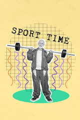 Canvas Print - Collage artwork of excited elderly sportsman rising barbell sport time isolated yellow painting background