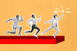 © deagreez - Poster banner pop collage picture of excited cheerful people run forward dream hold lamp inspiration isolated on drawing background