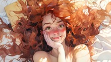 Cheerful Pin Up Girl Laying In Her Bed Tangled Up In Her Sheet, Morning Sun, Messy Hair, Mesmerizing Eyes, In The Style Of Watercolor Anime Concept. Generative AI