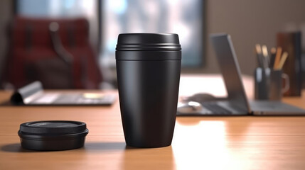 Wall Mural - A black travel mug for a mockup blank template on the desk