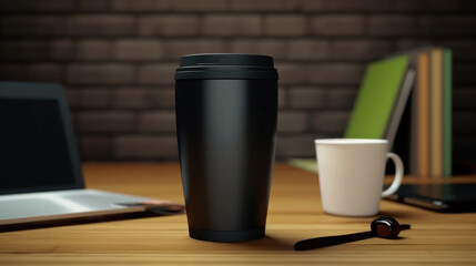 Wall Mural - A black travel mug for a mockup blank template on the desk