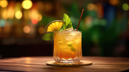 A glass of Tropical Mai Tai Cocktail on the bar counter