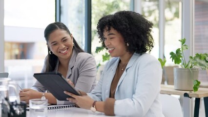 Canvas Print - Collaboration, tablet and business women in discussion in office for online report, review and research. Teamwork, meeting and female workers on digital tech for planning, project ideas and strategy