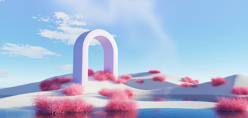  3d render Surreal pastel landscape background with geometric shapes, abstract fantastic desert dune in seasoning landscape with arches, panoramic, futuristic scene with copy space, blue sky and cloudy