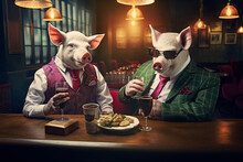 Illustration Of Modern Pigs Businessman Enjoys Drinking Beer In Night Bar. Casual, Creative Relaxed Composition Of Animals As Humans. Generative AI.