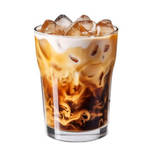 Delicious Iced Coffee With Ice Cubes Isolated On Transparent Background, Cold Iced Latte Caramel Coffee Drink In Glass Cup With Ice Cubes, Cold Beverage, For Cafe, Coffee Shop, Menu, Generative Ai