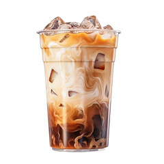 Iced caramel coffee latte isolated on transparent background, delicious iced coffee drink blend in cup with milk, ice cubes, cold beverage, for cafe, coffee shop, menu, design element. generative ai