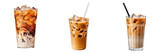 Iced coffee cups isolated on transparent background, top side view, view from above, delicious iced latte coffee drink in glasses with ice cubes, straw, cold beverage, generative ai