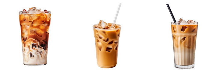 Iced coffee cups isolated on transparent background, top side view, view from above, delicious iced latte coffee drink in glasses with ice cubes, straw, cold beverage, generative ai