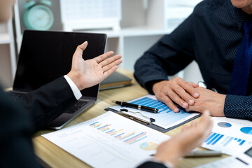 Poster - businesswoman explaining or reporting information to executives