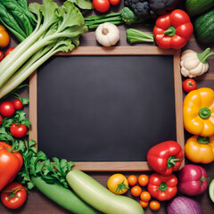 Blank blackboard and Assorted of fresh vegetables. Template mockup. AI Generative