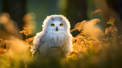cute fluffy white owl, beautiful backlight, early september morning, wildlife photo, national geogra