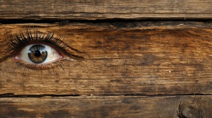 Sticker - A close up of a person's eye on a wooden surface. Generative AI image.