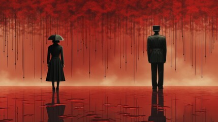 Wall Mural - a man and a woman standing in the rain with umbrellas. generative ai image.
