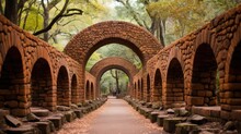 A Walkway Between Two Brick Arches In A Park. Generative AI Image.