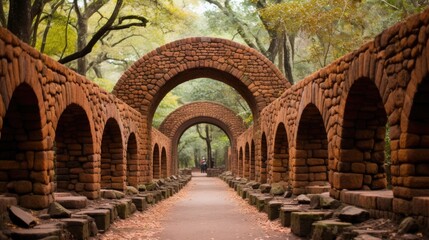 Wall Mural - A walkway between two brick arches in a park. Generative AI image.