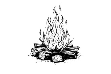 Wall Mural - Hand drawn camping bonfire. Vector illustration of fire in sketch engraving style.