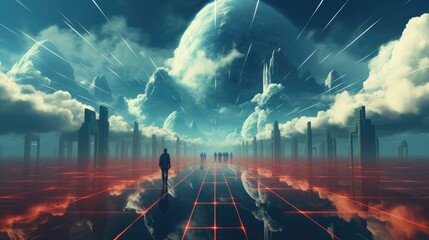 Wall Mural - a man standing in a futuristic city surrounded by clouds. generative ai image.