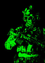 Half length, low key studio shoot of army soldier, marine infantryman in mask, camo uniform, equipped modern ammunition, armed service rifle standing in darkness with night vision device on helmet