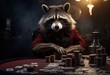 Animal raccoon plays poker blackjack in a casino, fantasy