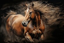 The Wind Blows Through The Hair Of A Galloping Brown Horse, Illuminating The Dark. (Illustration, Generative AI)
