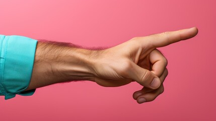 Wall Mural - A man's hand pointing at something on a pink background. Generative AI image.