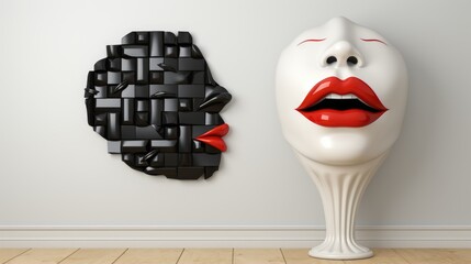 Sticker - A sculpture of a woman's face next to a computer keyboard. Generative AI image.