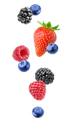 Wall Mural - Levitating fresh berries (blackberry, raspberry, blueberry and strawberry) cut out