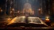 a book at the time of the holy inquisition with a mysterious setting inside a church night ambientation painting old style 