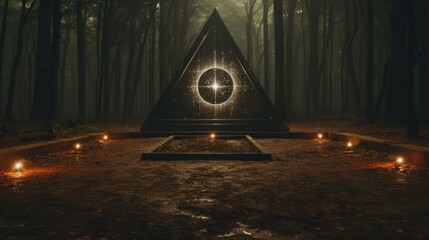 Canvas Print - A triangle in the middle of a forest surrounded by candles. Generative AI image.