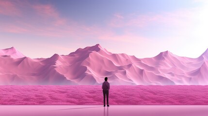 Wall Mural - a man standing in front of a mountain range. generative ai image.