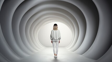 Wall Mural - a woman standing in a tunnel of white circles. generative ai image.
