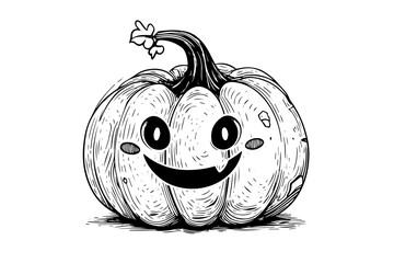 Wall Mural - Halloween pumpkin head mascot engraving ink sketch hand drawn vector illustration.