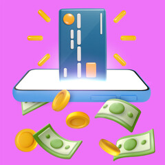 Wall Mural - Smartphone device with credit card and flying money and golden coins in bright realistic 3d style. Creative minimal vector illustration. Vivid business commercial concept art.