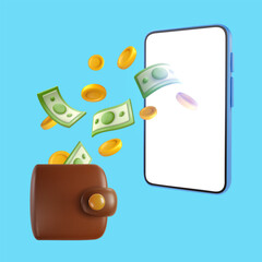 Wall Mural - Vector smartphone with wallet and flying money in bright realistic 3d style. Creative minimal illustration. Vivid business commercial concept art.