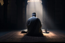 Muslim Elder Sitting In Masjid Reading Quran Before Prayer Time At Subdued Dark Light. Ai Generative
