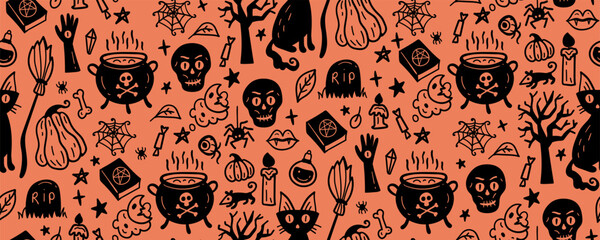 Vector artwork background with holiday symbols of the day of the dead. Halloween seamless pattern. Cute autumn design. Scary horror sketch art. Magic wallpaper illustration with ghost and pumpkin